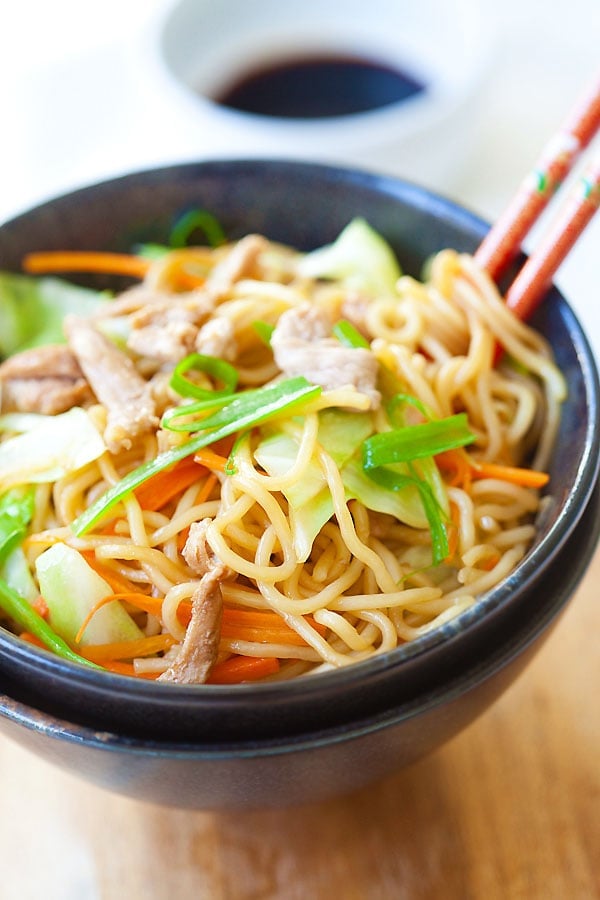 Easy homemade Chinese inspired yakisoba recipe with cabbage, carrot, and pork.