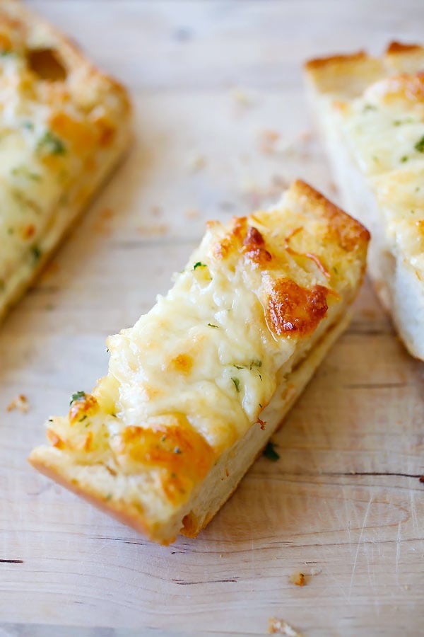 Delicious,  buttery and cheesy homemade Italian garlic bread, ready to serve.