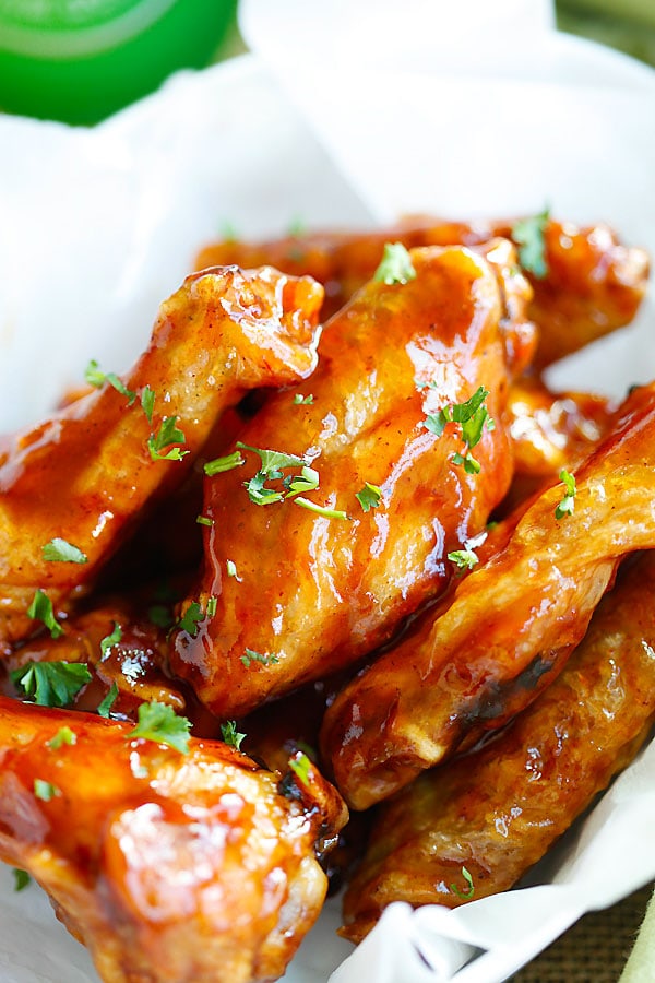 Honey BBQ Chicken Wings covered in homemade BBQ sauce.