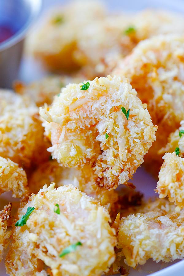 Close up oven baked crispy Parmesan Baked Popcorn Shrimp.