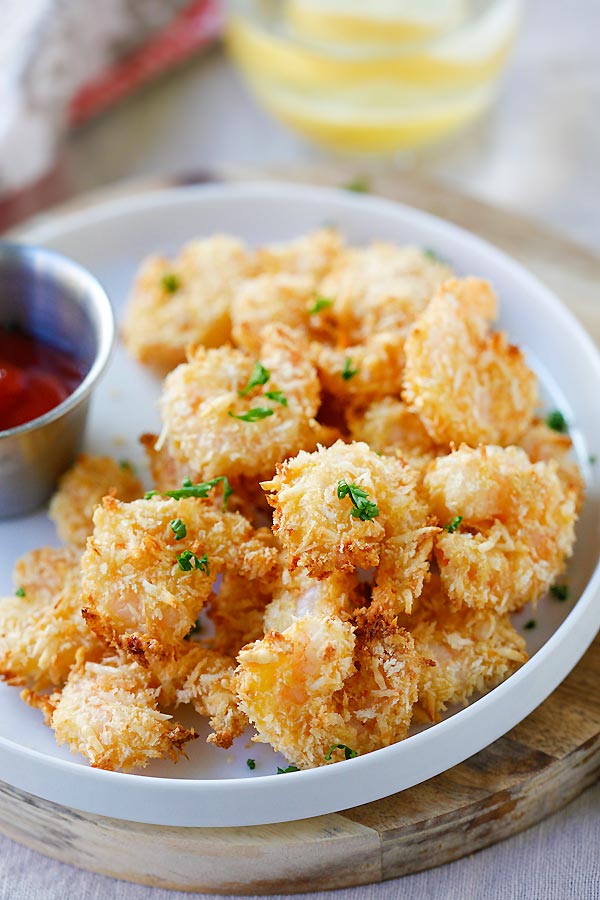 Parmesan Baked in oven Popcorn Shrimp in a plate.