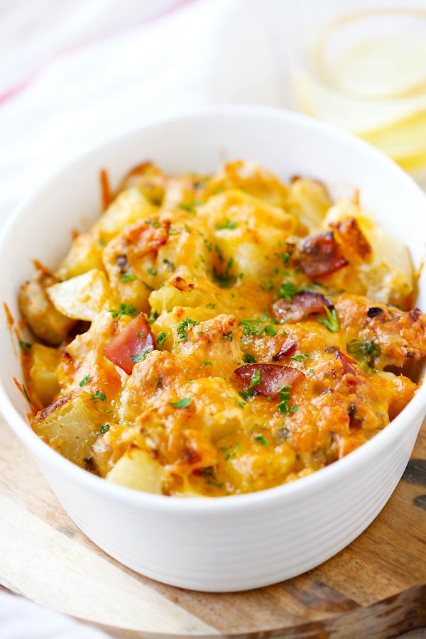 Creamy chicken bacon ranch casserole, ready to serve.