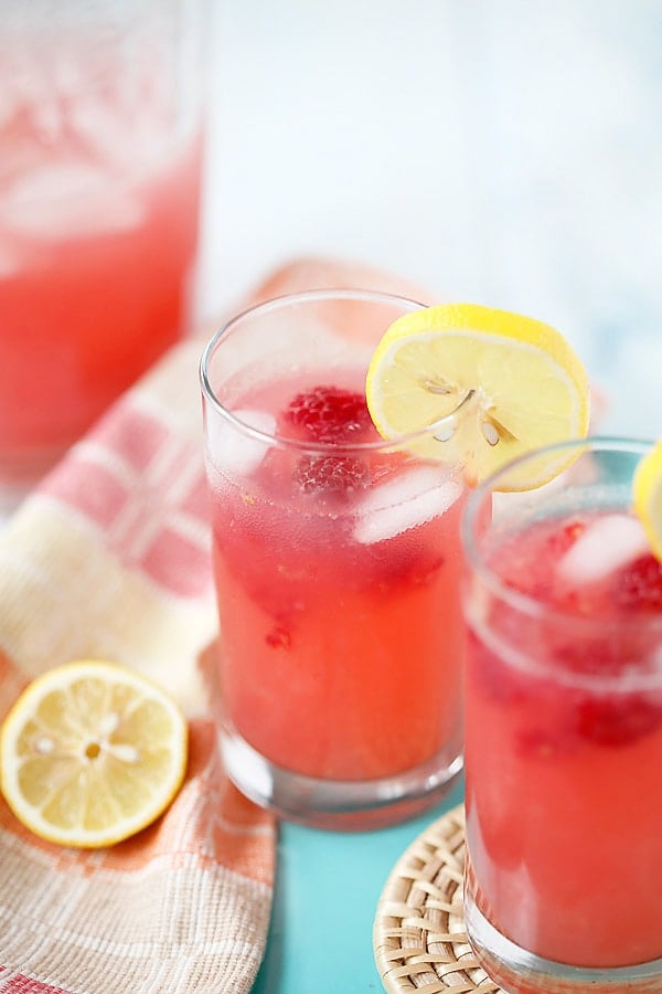 Easy and quick iced Raspberry Lemonade in glasses.