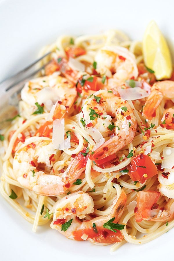 Spicy Shrimp Pasta with chili flakes, in a buttery and lemony garlic herb sauce.