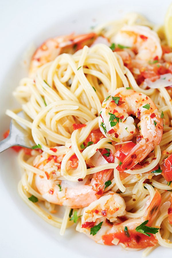 Spicy Shrimp Pasta cooked in skillet ready to serve.