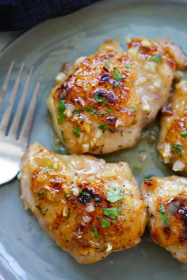 Healthy homemade skillet honey chicken with amazing honey Dijon garlic sauce.