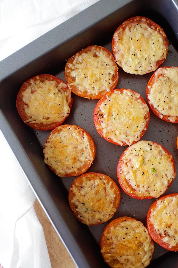 Parmesan Oven Roasted Tomatoes in a baking tray.