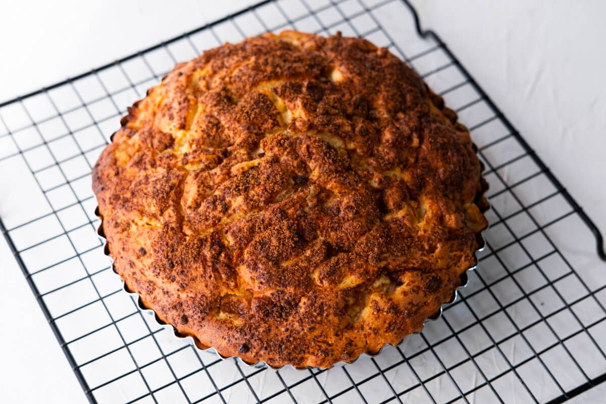 Baked apple coffee cake placed on a cooking rack.