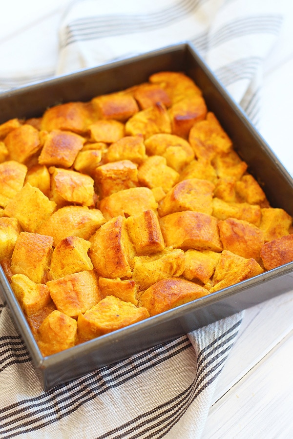 Easy pumpkin bread pudding cake freshly baked, ready to serve.