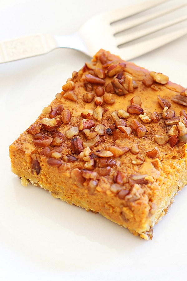 Easy healthy homemade pumpkin pecan pie cake.