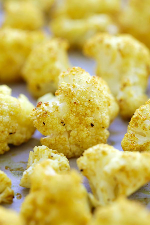 Close up homemade roasted curry cauliflower.