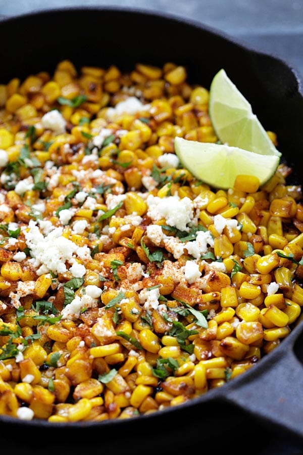 Homemade Mexican skillet Chili Lime Corn in a cast-iron skillet ready to serve.