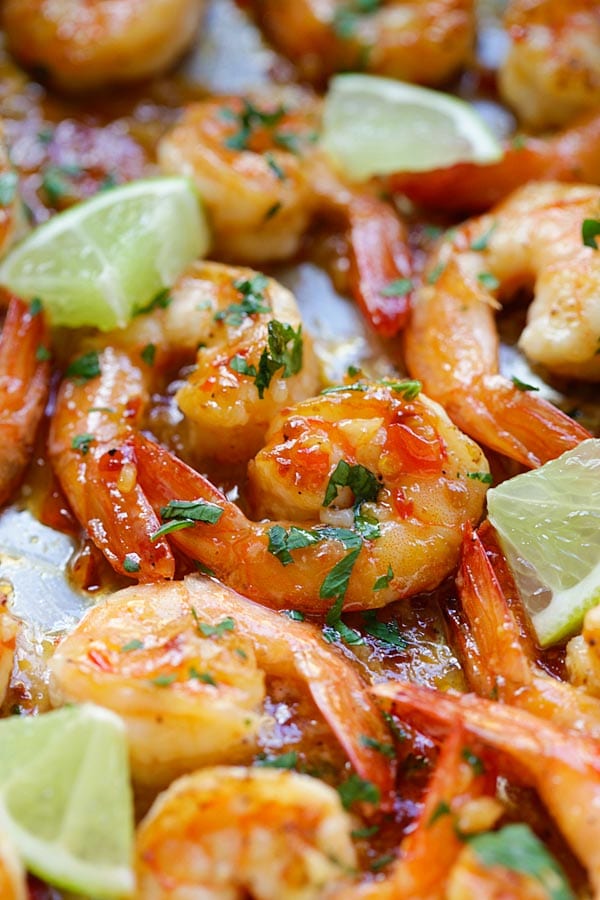 Chili shrimp with sweet chili sauce and lime.