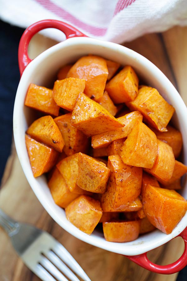 Healthy homemade honey Cinnamon Roasted Sweet Potatoes.