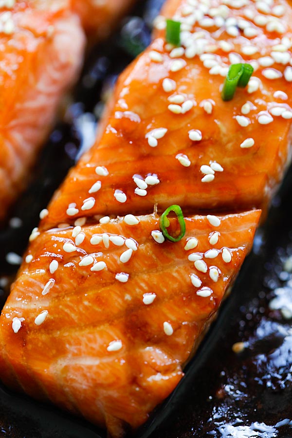 Honey Teriyaki Salmon fillet close up.