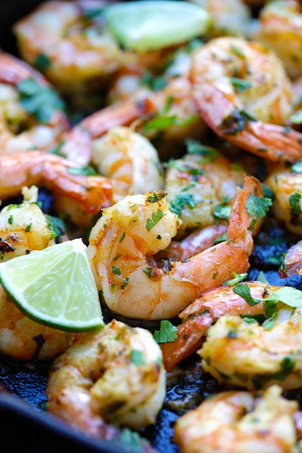 Close up view of delicious Cilantro Lime Shrimp, ready to serve.