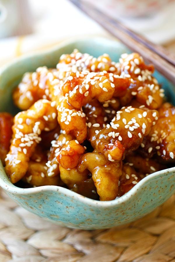 The best sesame chicken recipe with crispy chicken and sesame chicken sauce.