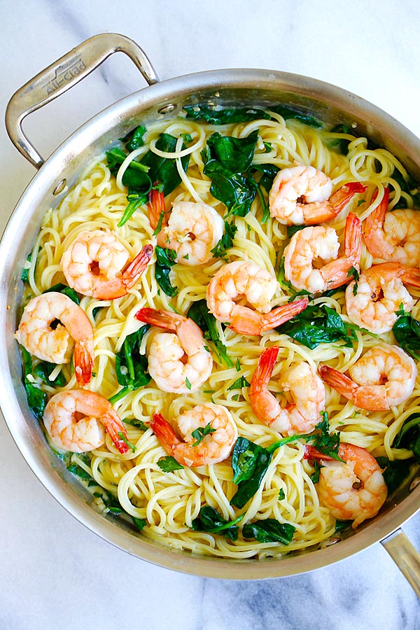 One pot healthy creamy Shrimp Pasta, top down view.