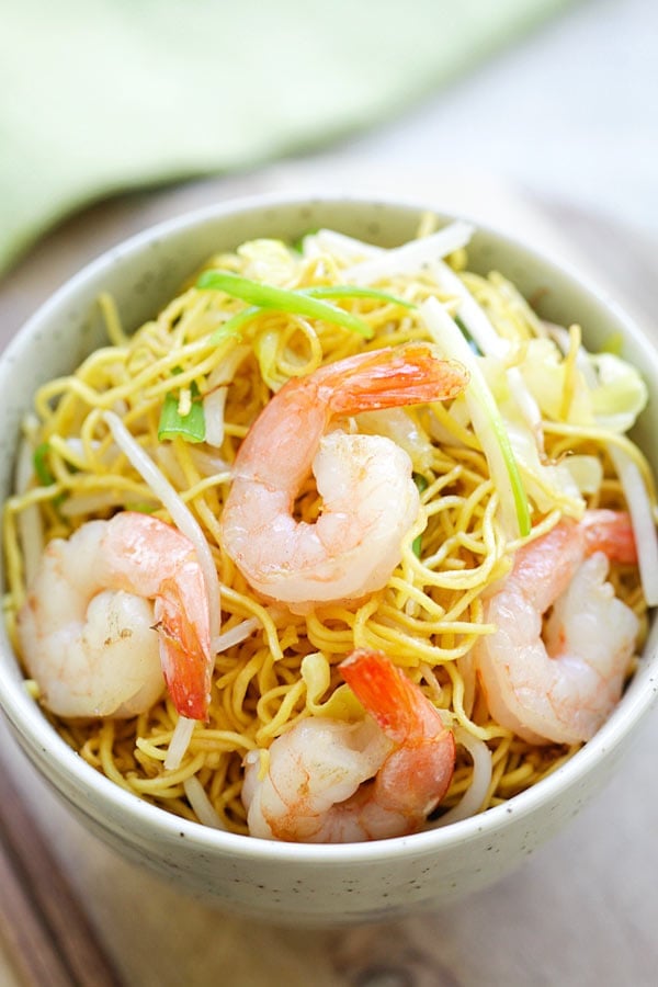 Shrimp Chow Mein is Chinese noodles stir-fried with shrimp, vegetables and scallions.