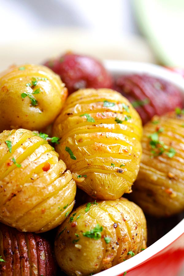 Oven roasted potatoes in a serving dish.