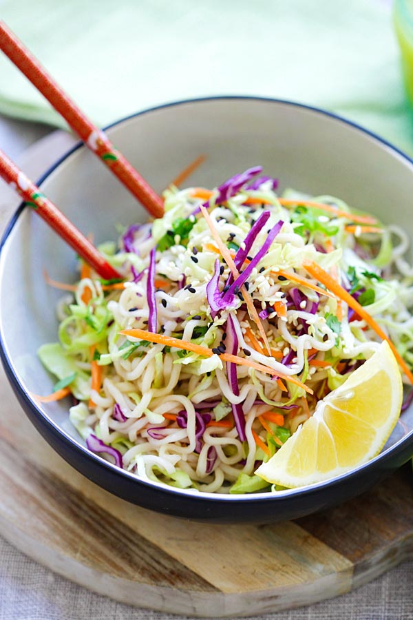 Asian-style coleslaw salad noodles with sesame oil.