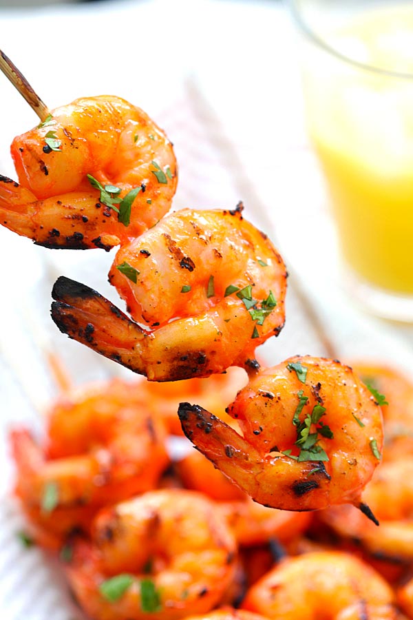 Indian Tandoori Shrimp skewer close up.