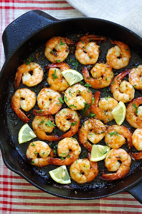 Top down view of easy Honey Garlic Shrimp in skillet.