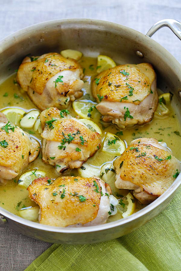 Easy one pan lemon chicken made with chicken thigh pan-fried in buttery lemon sauce.