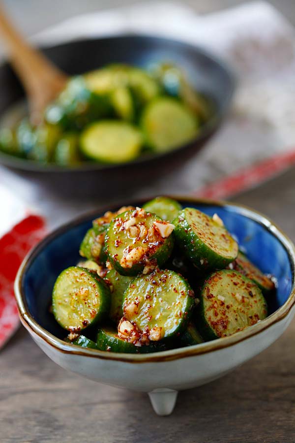 Spicy Asian cucumber salad in a bowl.