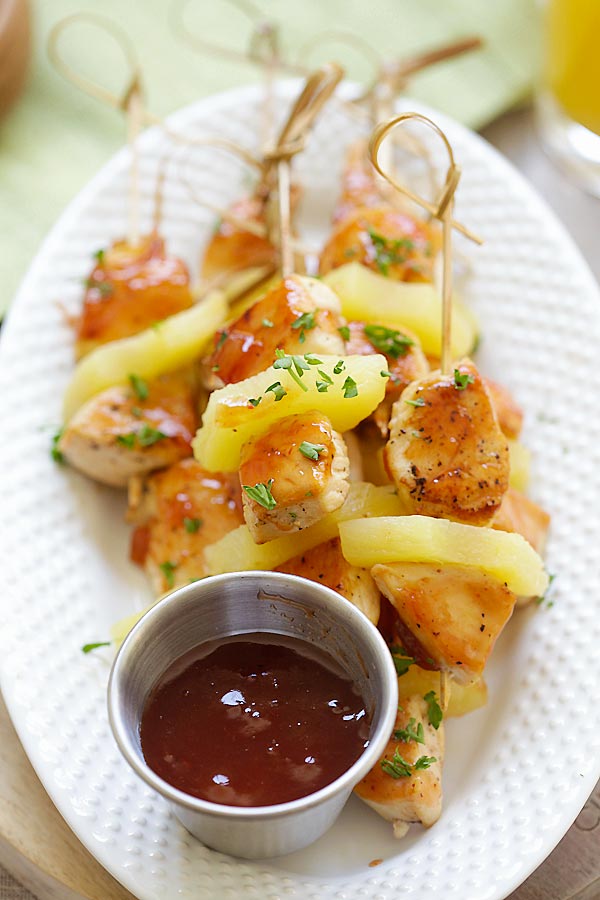 Hawaiian chicken kabobs with pineapple with Hawaiian BBQ sauce.