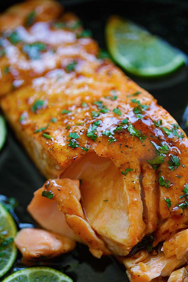 Pan fry honey lime salmon ready to serve.