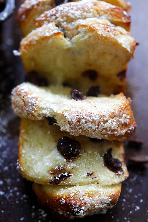 Easy and delicious homemade pull-apart bread, sliced and ready to serve.