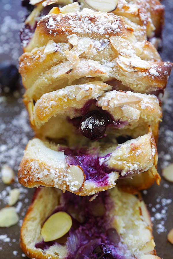 Closed up easy homemade Pull-Apart Bread made with cream cheese and blueberries, ready to serve.