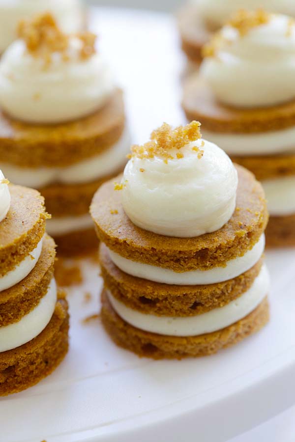 Closed up easy homemade mini pumpkin cake with cream cheese frosting.