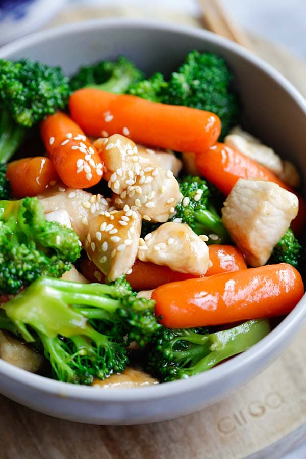 Easy Stir Fry Sauce over chicken, carrots and broccoli.