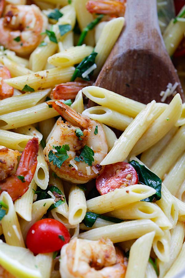 Spicy Cajun Shrimp Pasta in skillet ready to serve.