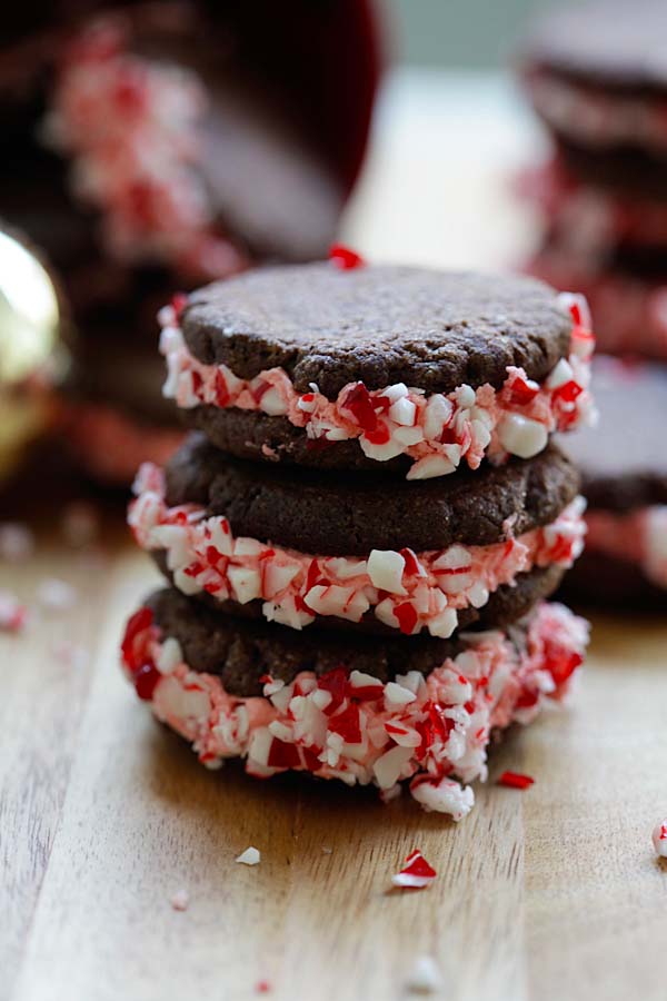 Festive baked chocolate candy cane cookies, ready to serve.