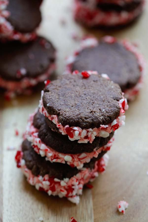 Easy homemade chocolate candy cane cookies stacked together.