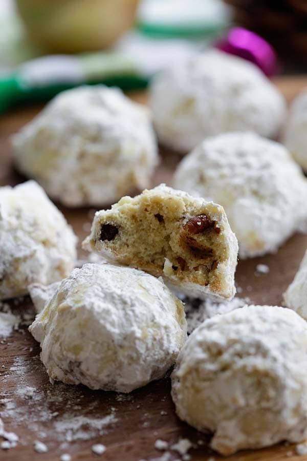 Chocolate and Pecan Snowballs in half, ready to serve.