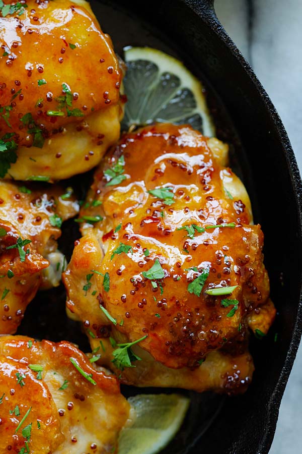 Quick homemade delicious chicken dinner in homemade spicy and sweet honey glaze.