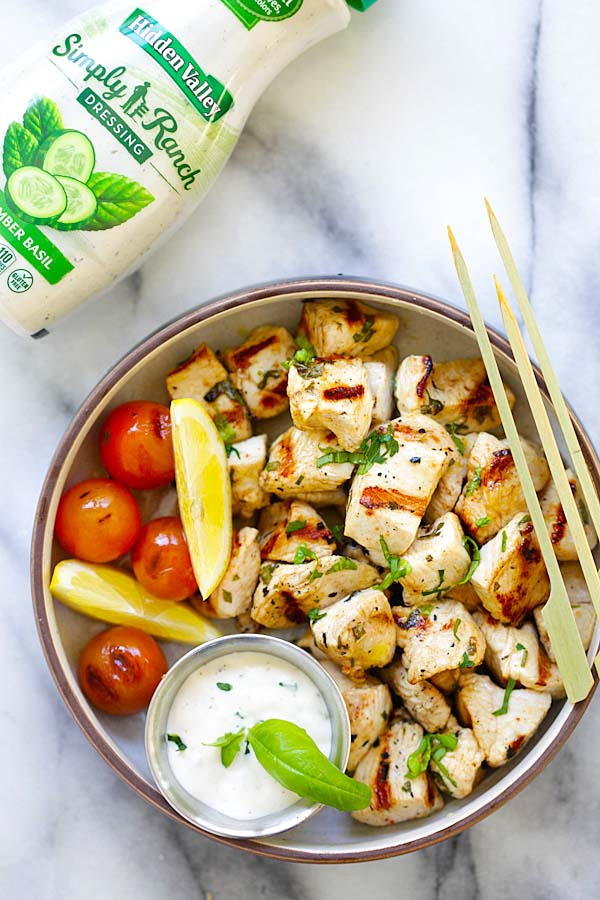 Easy and quick grilled BBQ Mediterranean Ranch chicken bites.