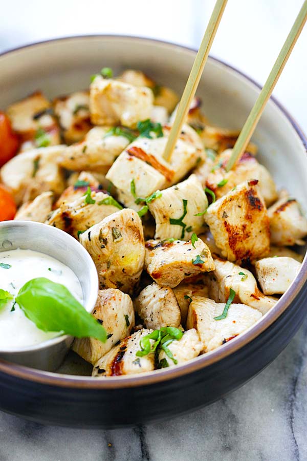 Easy delicious homemade grilled Mediterranean chicken snacks with ranch marinade.