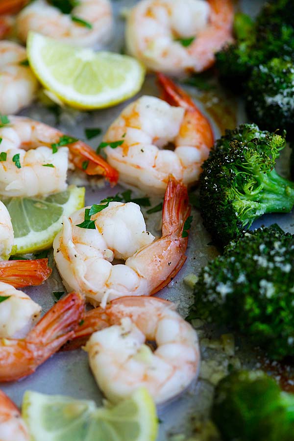 Easy and delicious shrimp scampi and Parmesan broccoli in one sheet pan, ready to serve.