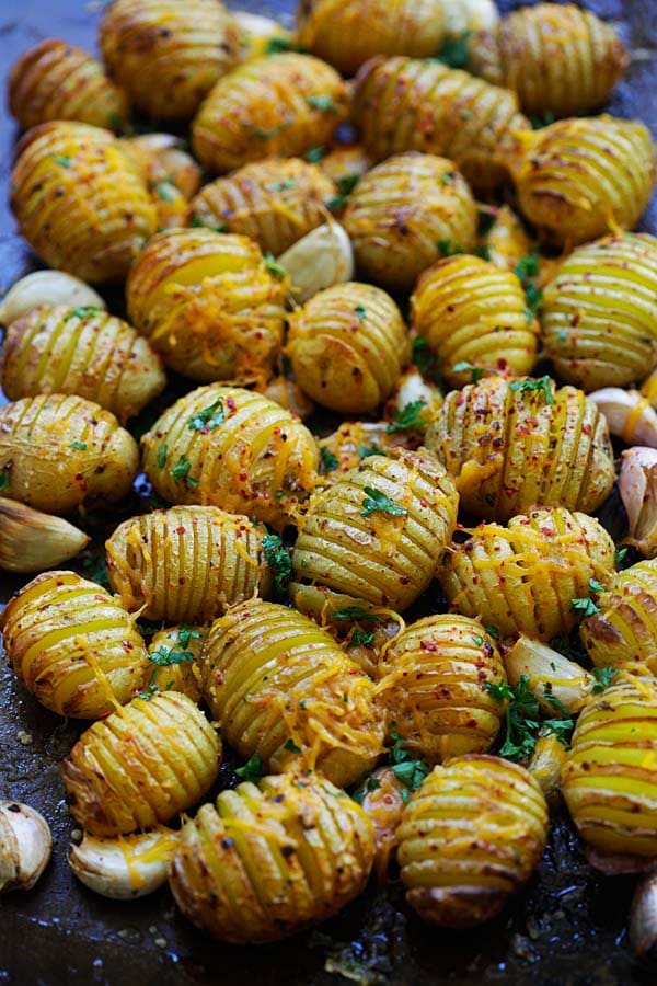 Easy and quick roasted potatoes topped with chili garlic.