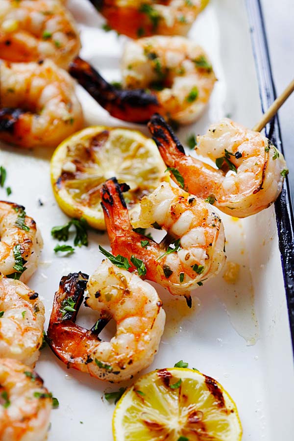 Easy and quick grilled Garlic Butter Shrimp on skewers.