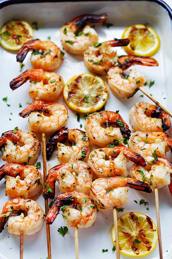 Grilled shrimp kebab on skewers ready to serve.