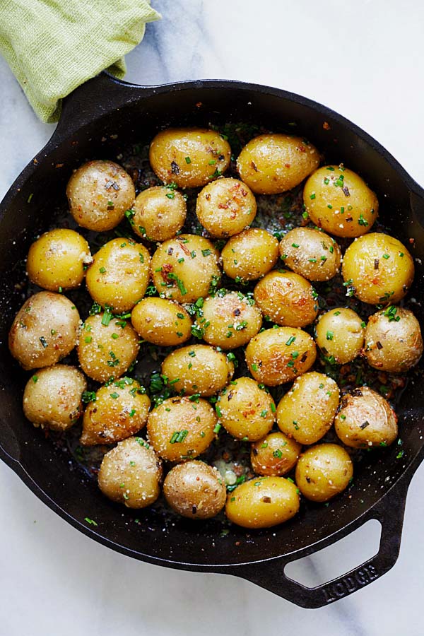 Easy and quick Garlic Chive Butter Roasted Potatoes recipe.