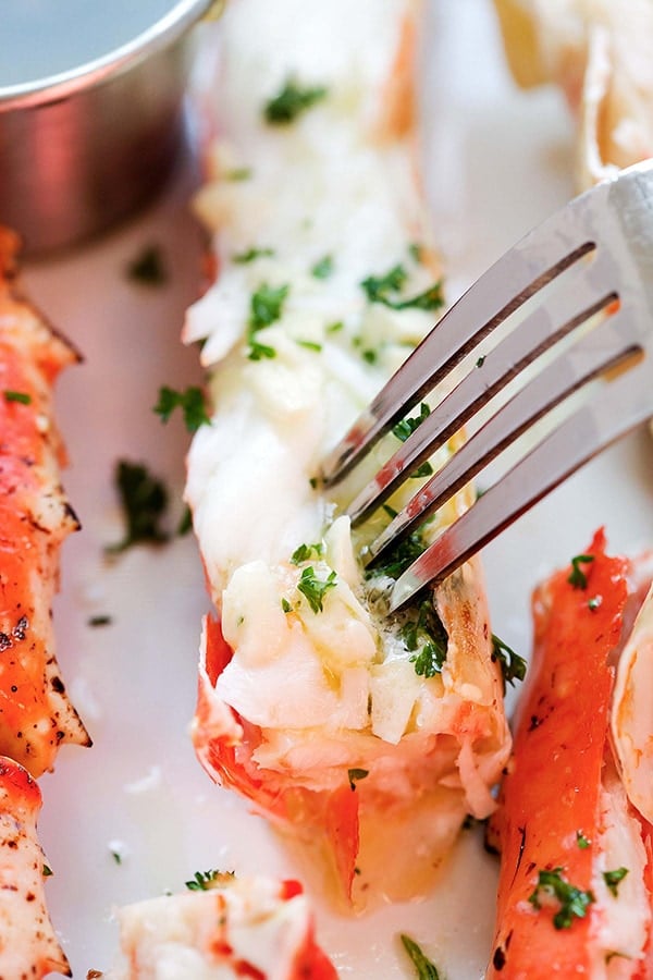 Crab legs with melted butter.