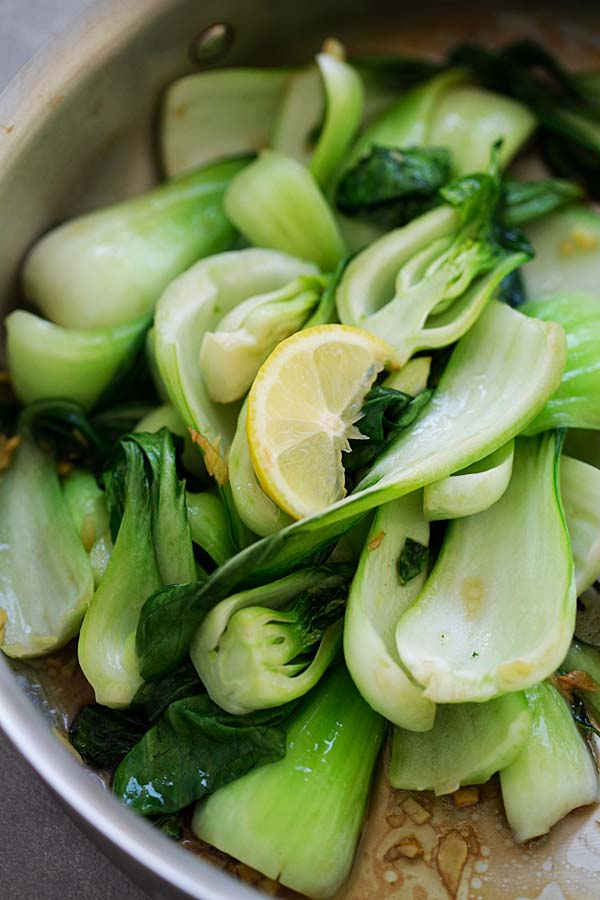 Healthy stir fry Asian bok choy with Asian seasonings in one pan.