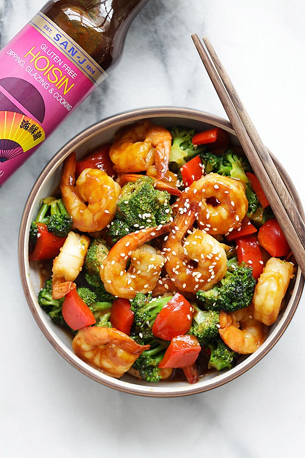 Easy and delicious hoisin shrimp with broccoli stir fry served in a bowl.